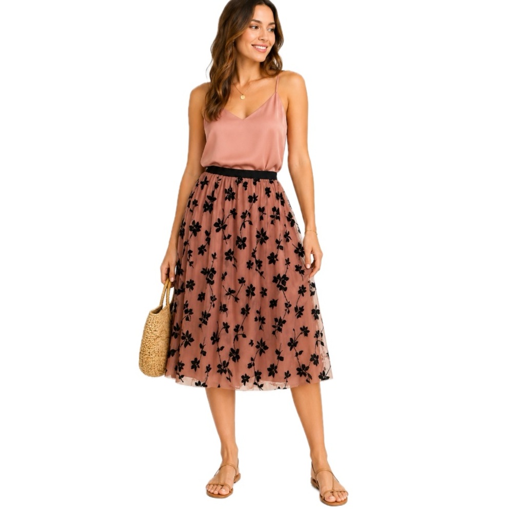 Metrowear Blush Flocked Floral Midi Skirt, Size M